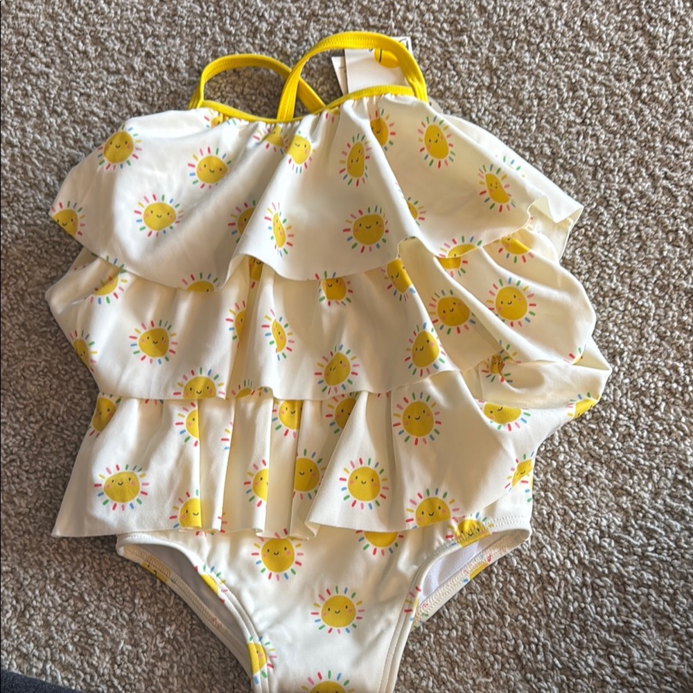 Boden Sunshine Ruffle One-Piece Swimsuit - Yellow Sun Print size 18/24 months